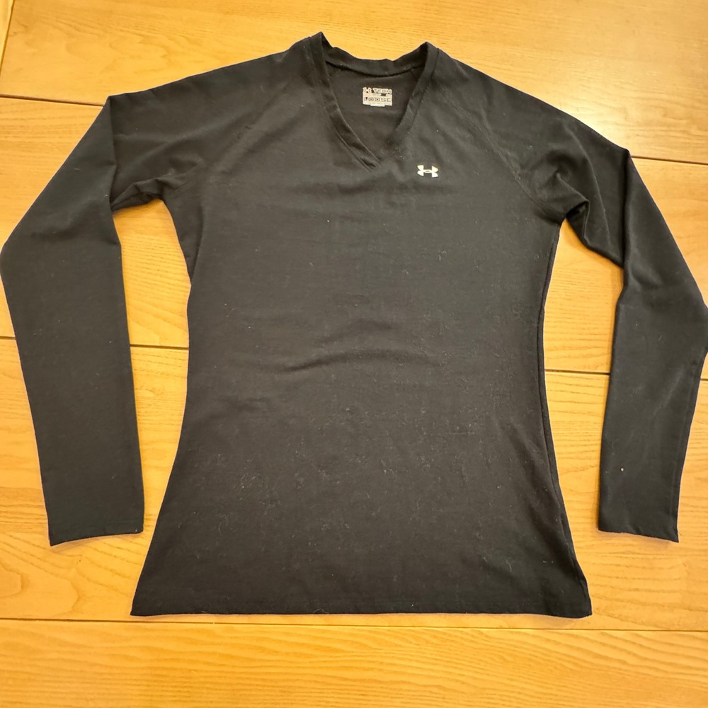 Under Armour Heatgear VNeck Long Sleeve Shirt Women S  Black Stretch Athleisure